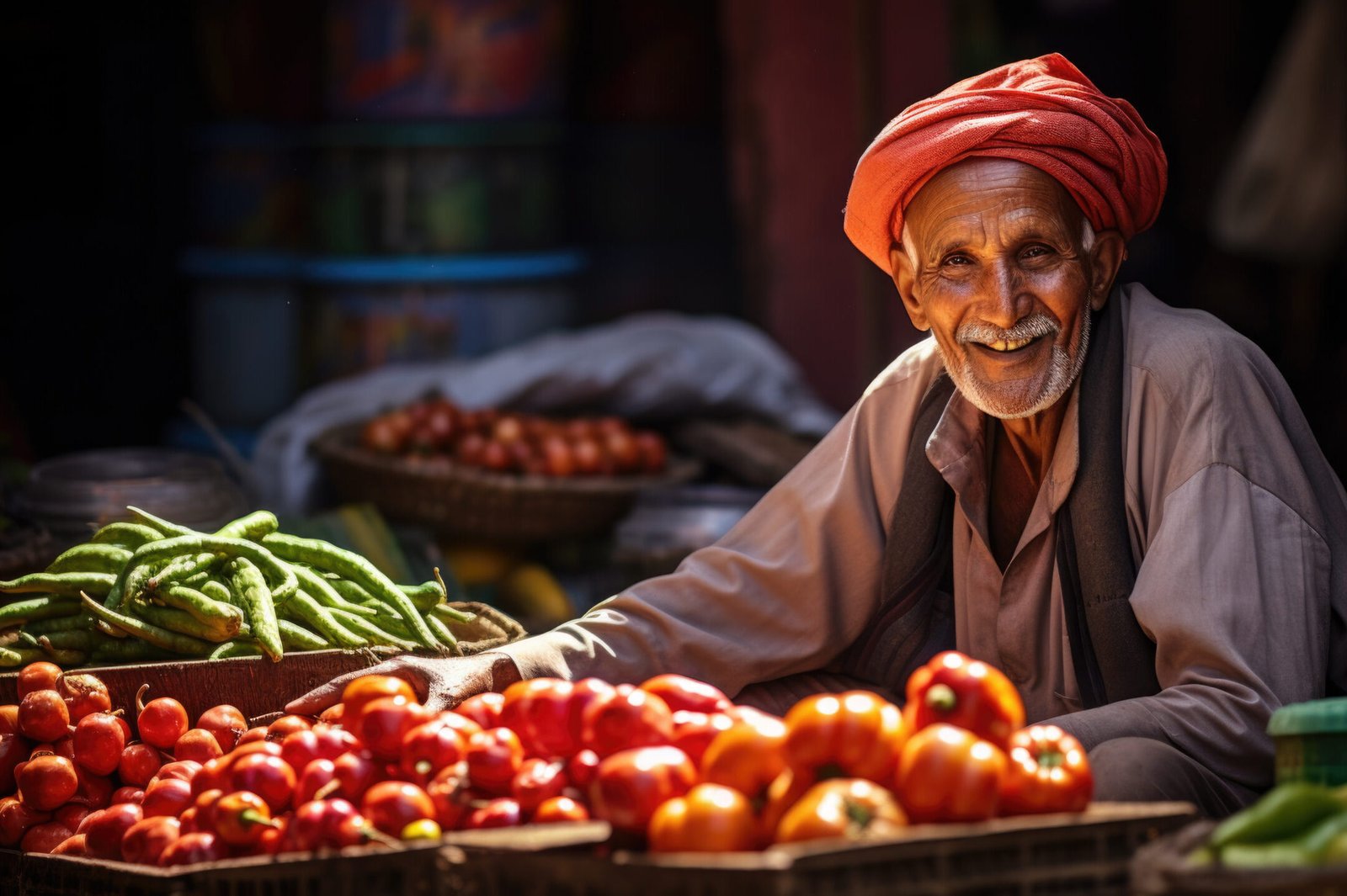 happy Indian or Pakistani man with turban selling vegetables on street market