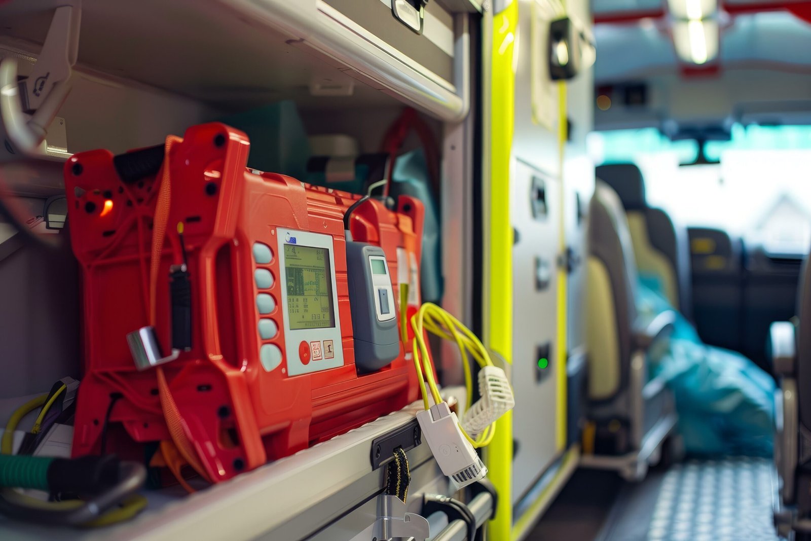 Defibrillator equipment inside empty modern ambulance vehicle