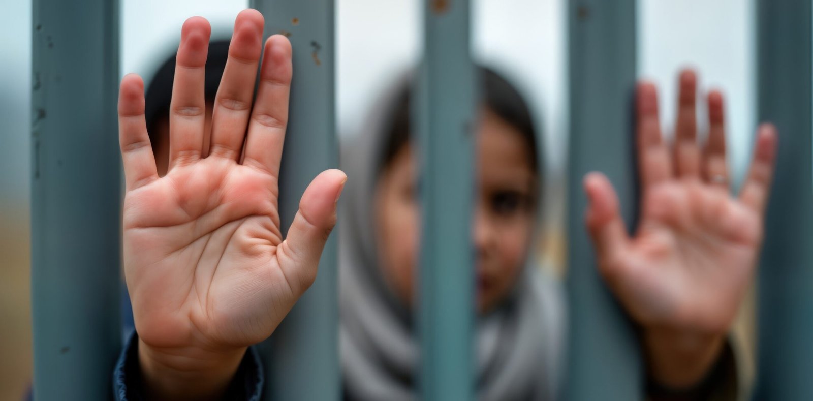 Young refugee child reaches out through metal fence. Child appears helpless, sad. Hidden behind bars. Child seeks hope, protection. Photo evokes refugee crisis. Girl shows hand. Young person behind