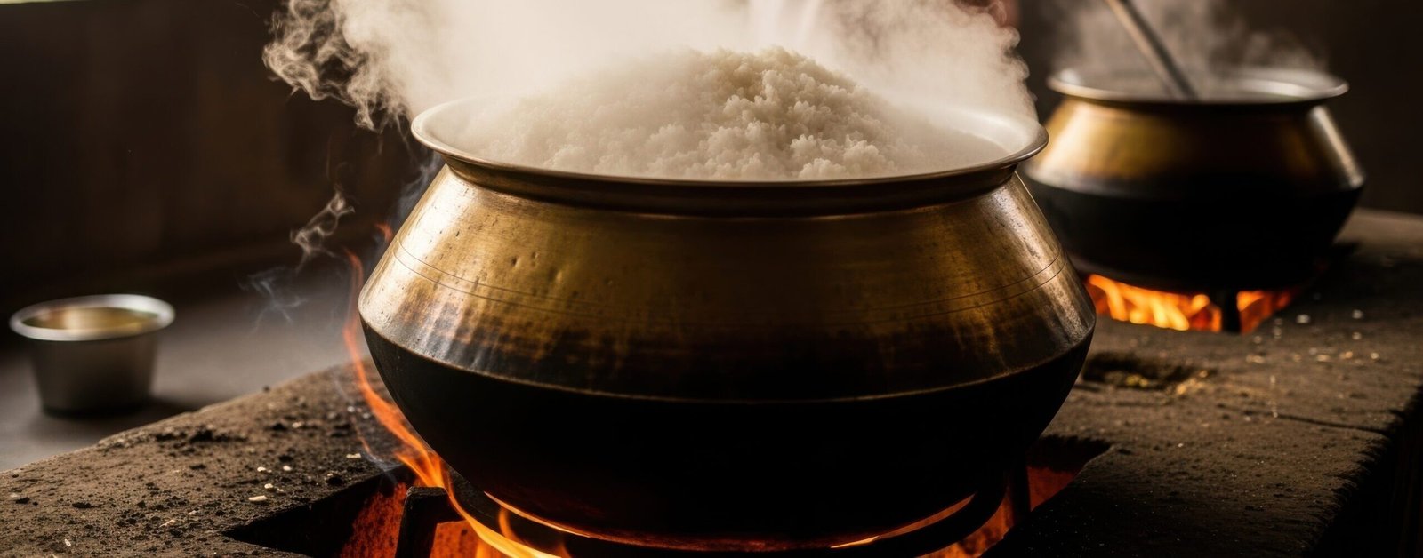Traditional Rice Cooking in Large Copper Pots Over Open Fire