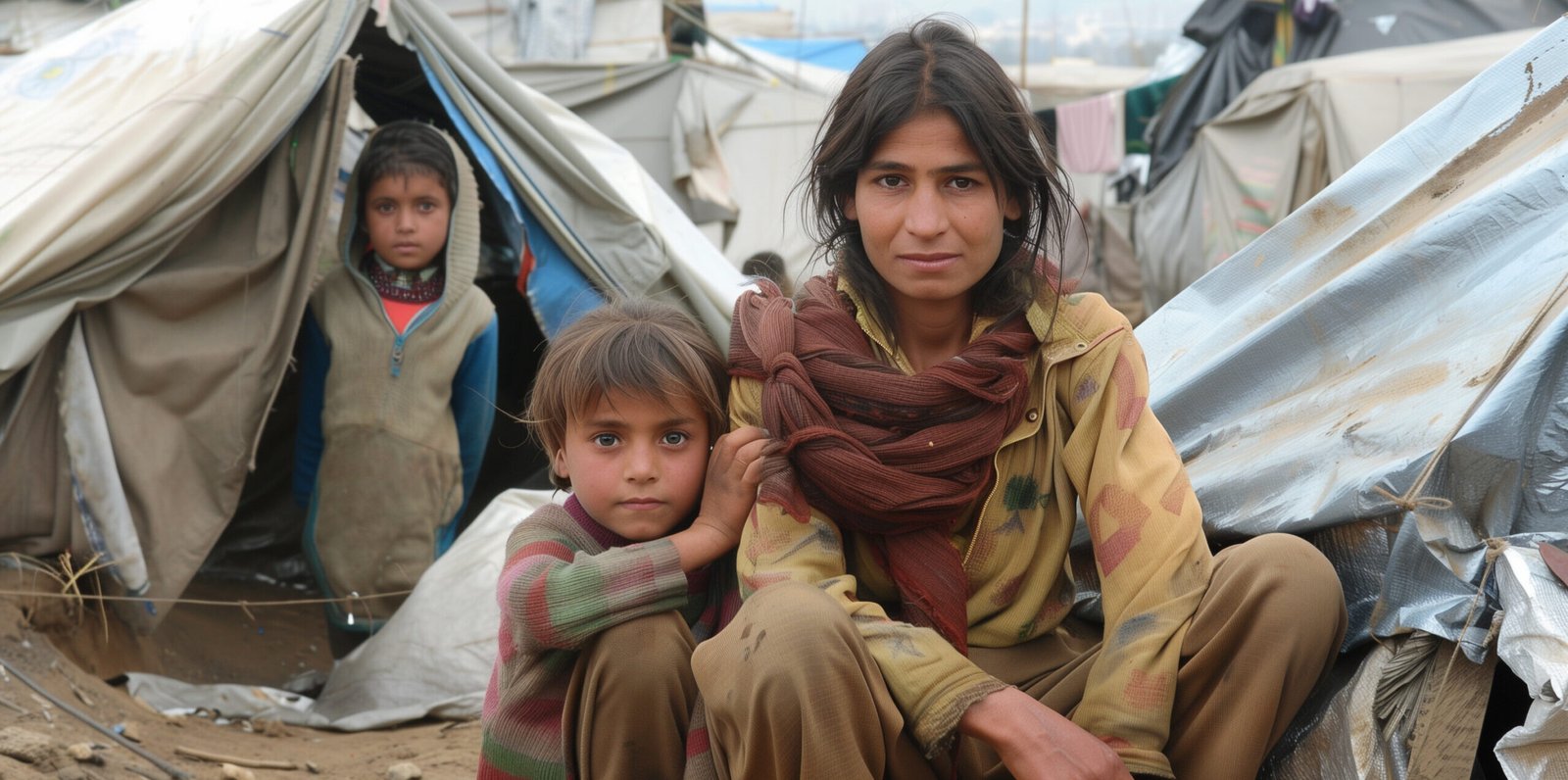 a refugee family living on the street in a tattered tent. A mother and her children, poverty, homelessness.