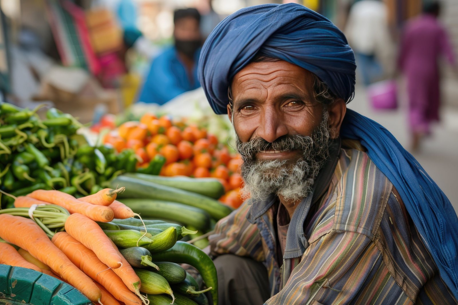 A man with a blue turban is smiling and sitting in front of a vegetable stand. The stand is filled with a variety of vegetables, including carrots, tomatoes, and cucumbers