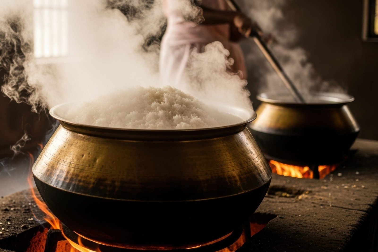 Traditional Rice Cooking in Large Copper Pots Over Open Fire