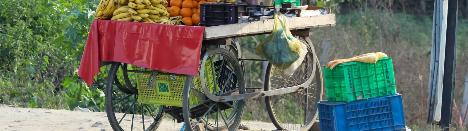 A fruit cart on the roadside in the city. Fresh seasonal fruits. street vendor hard work