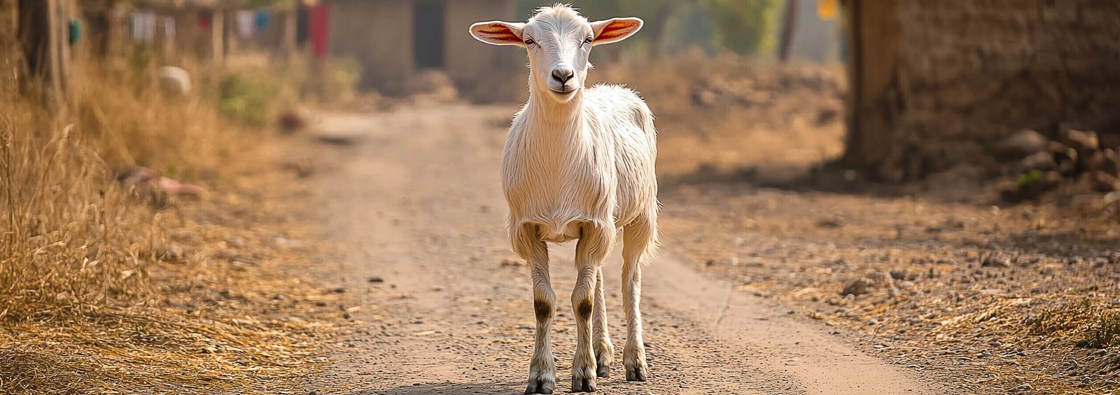 A white goat stands in the middle of a dirt road in a rural village.