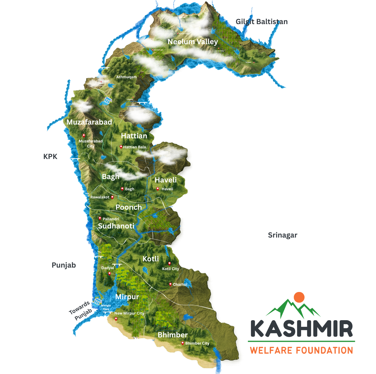 Map of Azad Kashmir – showing Neelum, Bagh, Kotli and Muzaffarabad